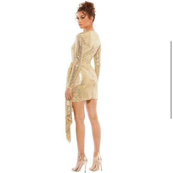 Mac Duggal Gold Sequin Mini Dress Sexy Size 2 (XS) NWT Drape Skirt Fitted Sequin - Picture 3 of 3